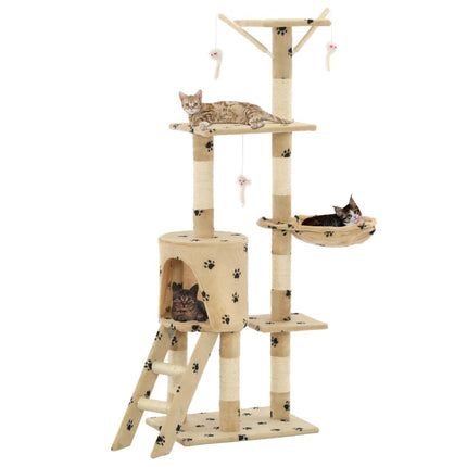 Katzenkratzbaum mit Sisal 138 cm Pfoten-Aufdruck und Sisal-Säulen